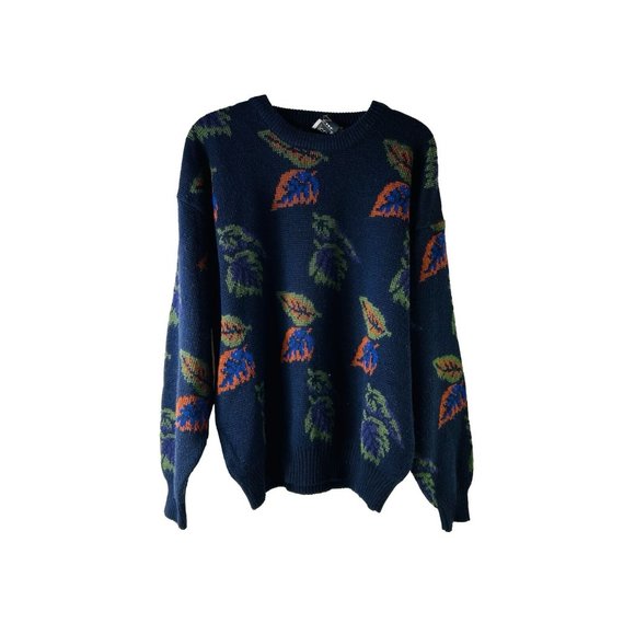Vintage 1990s Fall Leaves All Over Knit Crewneck Sweater - Picture 1 of 6